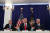 도널드 트럼프 미국 대통령과(가운데)이 10일 휴가지인 뉴저지주 트럼프 내셔널 클럽에서  마이크 펜스 부통령(오른쪽)과 허버트 맥매스터 국가안보보좌관가 안보회의를 주재하고  있다. [AP=연합뉴스]