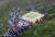 9일 경북 김천시 농소면 사드 기지 인근 산에서 통일선봉대가 통합발대식을 열고 '사드 갖고 떠나라'고 적힌 현수막을 찢는 퍼포먼스를 하고 있다. [연합뉴스]