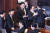 자유한국당 정우택 원내대표와 의원들이 11일 오후 국회 본회의장에서 열린 김이수 헌법재판소장 임명동의안이 부결되자 기뻐하고 있다.