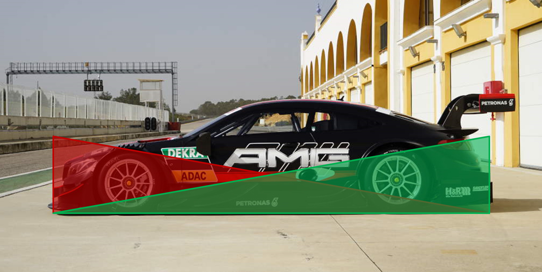 차량이 감속할 경우(빨간색) 앞으로, 가속할 경우(초록색) 뒤로 하중이 이동한다. 사진 : Mercedes AMG DTM 홈페이지