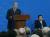 조지 W 부시 미국 대통령이 2002년 2월 김대중 대통령과 DMZ내 도라산역을 방문해 연설하고 있다. 