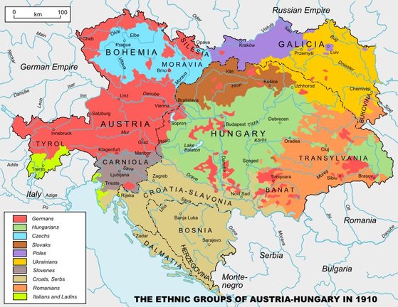 제1차 세계대전 직전 오스트리아-헝가리 제국의 복잡한 민족 구성. 하늘색이 체코인, 갈색이 슬로바키아인이다. 