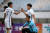 2일 파주스타디움에서 열린 2018 AFC U-19 챔피언십 예선 1차전 브루나이전에서 한국의 조영욱(오른쪽)이 골을 넣고 팀 동료 김재혁과 손을 맞잡으며 골 세리머니를 하고 있다. [사진 대한축구협회]