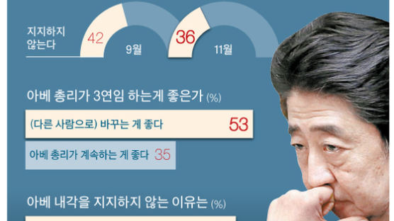 일본, 1인 독주 피로감 … 아베 내각 좋다 46%, 연임 싫다 53%