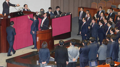 [사진] 의장석 앞 몰려나온 한국당 의원들