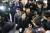 자유한국당 권석창 의원(왼쪽부터), 김성태 원내대표, 박덕흠 충북도당위원장이 24일 충북 제천 스포츠센터 화재 합동분향소를 찾았다가 유족의 항의를 받고 무릎을 꿇고 있다. [사진 자유한국당 신보라 의원 페이스북]