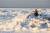 3일 미국 메사추세스 인근 케이프코드 만에서 한 여성이 얼어 붙은 바다를 배경으로 반려견의 사진을 찍고 있다. [AFP=연합뉴스]
