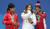 2018평창동계올림픽 쇼트트랙 여자 1500미터에 출전해 금메달을 차지한 한국 최민정이 18일 강원도 평창 메달플라자에서 열린 시상식에서 동메달 캐나다 킴 부탱(오른쪽)과 하트를 만들어 보이고 있다. 왼쪽은 은메달리스트 리진위(중국). 우상조 기자