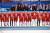 남자 아이스하키 러시아 출신 올림픽 선수들(OAR)이 25일 강원도 강릉하키센터에서 열린 2018 평창동계올림픽 아이스하키 남자 결승 러시아 출신 올림픽팀(OAR)과 독일의 경기에서 연장전 끝에 4대3으로 승리, 금메달을 차지한 후 올림픽찬가 대신 러시아 국가를 부르고 있다. [뉴스1]