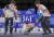 한국남자컬링 스킵 김창민(가운데)이 세계선수권에서 스톤을 딜리버리하고 있다. [사진 세계컬링연맹 홈페이지 캡처]