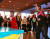 3일 스웨덴 할름스타드에서 열린 ITTF 재단 설립 기념 행사에서 합동 경기를 펼친 북한 최현화(왼쪽), 한국 양하은. [사진 대한탁구협회]