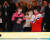 3일 스웨덴 할름스타드에서 열린 ITTF 재단 창립 기념회에서 깜짝 시범경기를 펼친 서효원과 북한 김남해. [사진 대한탁구협회]