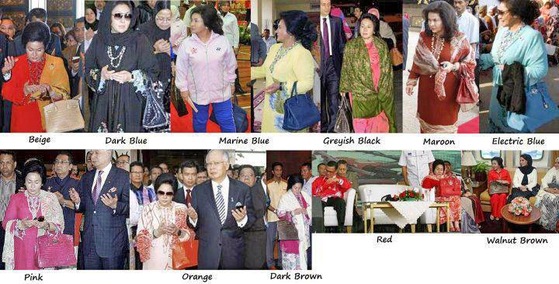말레이시아의 나집 라작 전 총리의 부인 로스마 만소르는 수천만원대를 호가하는 에르메스 버킨백 애호가였다. 그가 행사장에 색깔별로 다른 버킨백을 들고나온 모습을 편집한 말레이시아의 고발 블로그. 