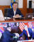 문재인 대통령이 12일 오전 청와대에서 열린 국무회의에서 김정은 북한 국무위원장과 도널드 트럼프 미국 대통령이 북미정상회담을 하는 모습을 방송을 통해 지켜보고 있다. [연합뉴스]