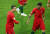 포르투갈 크리스티아누 호날두(왼쪽)가 15일 러시아 소치 피시트스타디움에서 열린 2018 러시아월드컵 B조 1차전 스페인과 경기에서 페널티킥으로 첫 골을 넣은 뒤 의기양양해 하며 브루누 페르난드와 기뻐하고 있다. [연합뉴스]