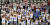 대한민국과 북한의 응원단이 17일(현지시간) 자카르타 겔로라 붕 카르노 내 바스켓홀에서 대만과 경기를 펼치는 여자 농구 남북 단일팀을 응원하고 있다. 파도타기 응원 펼치는 남북 공동 응원단. 자카르타=김성룡 기자