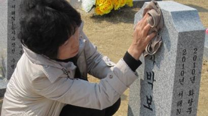 [천안함 폭침 1년] “스러진 병사 모두 내 아들” … 46개 묘비 매일 닦는 어머니