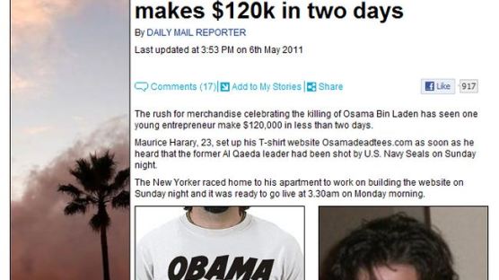 빈 라덴 사살 축하 T셔츠 이틀도 안 돼 12만 달러 매출 