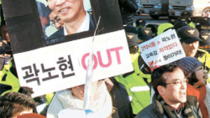 곽노현 9일 휴가 뒤 첫 출근 시민단체 “사퇴하라” 시위