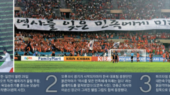 한·일전 욱일승천기 vs '역사구호' 응원 논란