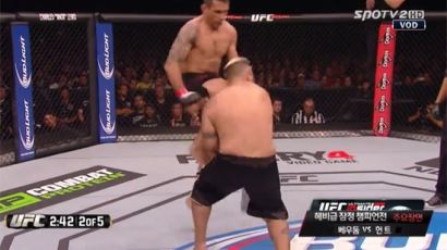 UFC180 마크 헌트, 턱에 플라잉 니킥 가격당한 뒤 쓰러져…'충격의 TKO'
