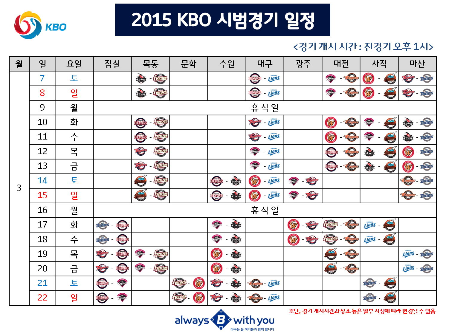 Kbo, 프로야구 시범경기 일정 발표…2주간 70경기 편성 | 중앙일보