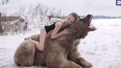 거대한 곰과 자세 잡고 ‘찰칵’, 러시아 모델의 위험천만한 도전