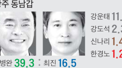 광주 동남갑 장병완 39.3% 최진 16.5% 강운태 11.4%
