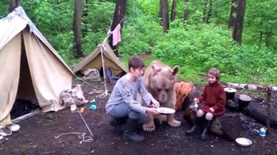 곰과 함께 캠핑하는 가족 
