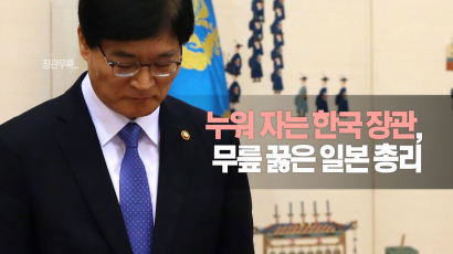 [카드뉴스] 누워 자는 한국 장관, 무릎 꿇은 일본 총리