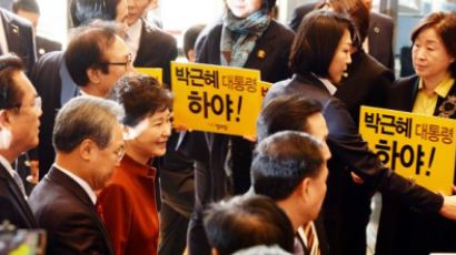 국회에서 '하야' 피켓 발견한 박근혜 대통령의 표정(사진)