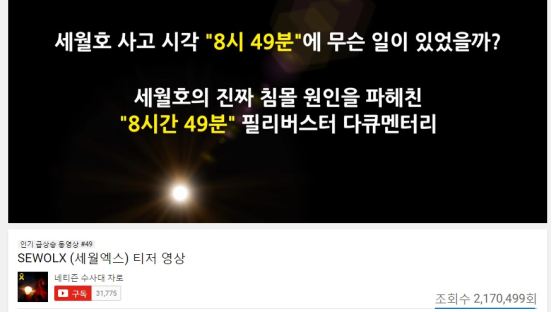 세월호 다큐 '세월X' 공개 1시간 전…티저 조회수 217만회 돌파