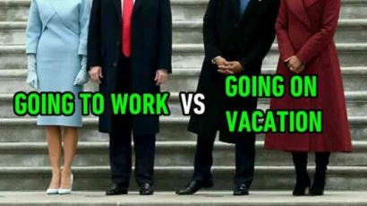 '이제 근무시작' 트럼프 vs '휴가 시작' 오바마의 대비된 표정 