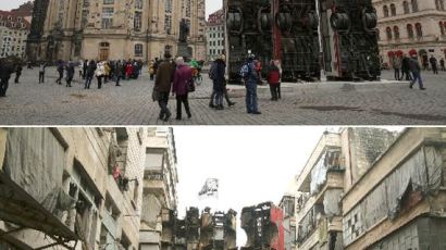 [서소문사진관] 저격수 막는 알레포 버스장벽, 드레스덴에 재현
