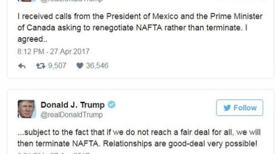 트럼프 "NAFTA 당장 폐기 않고 재협상한다"