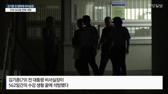 김기춘 562일 만에 석방 … 구치소 앞 시위대 몰려 40분 혼란