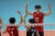 한국이 아시안게임 남자 배구 준결승전에서 대만에 세트 스코어 3-2로 승리하고 결승에 진출했다. 한국 선수들이 득점 후 자축하고 있다. [AP=연합뉴스]