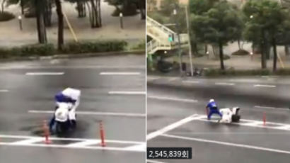 태풍 '제비'에도 오토바이 타고 배달하다 주저앉은 日 피자 직원 