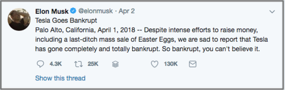 일론 머스크 테슬라 CEO가 만우절에 트위터에 게재한 농담. [사진 트위터 캡쳐]