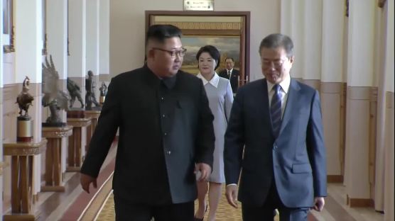 [속보] 문 대통령, 김정은 위원장과 나란히 걸으며 백화원 영빈관 입장