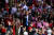 도널드 트럼프 대통령이 26일 유세가 끝난 뒤 청중을 향해 손짓을 하고 있다. [AP=연합뉴스]