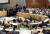 방탄소년단이 9월 24일(현지시간) 뉴욕 유엔본부 신탁통치이사회 회의장에서 열린 유니세프 행사에 참석해 발언하고 있다. / 사진:연합뉴스