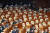 8일 새벽 서울 여의도 국회에서 열린 정기국회 마지막 본회의에서 바른미래당·민주평화당·정의당 의원석이 텅 비어 있다. [뉴스1]