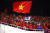 15일 베트남 축구팬들이 금성홍기와 태극기를 함께 들고 하노이 미딘경기장에서 열띤 응원을 하고 있다.[AFP=연합뉴스] 