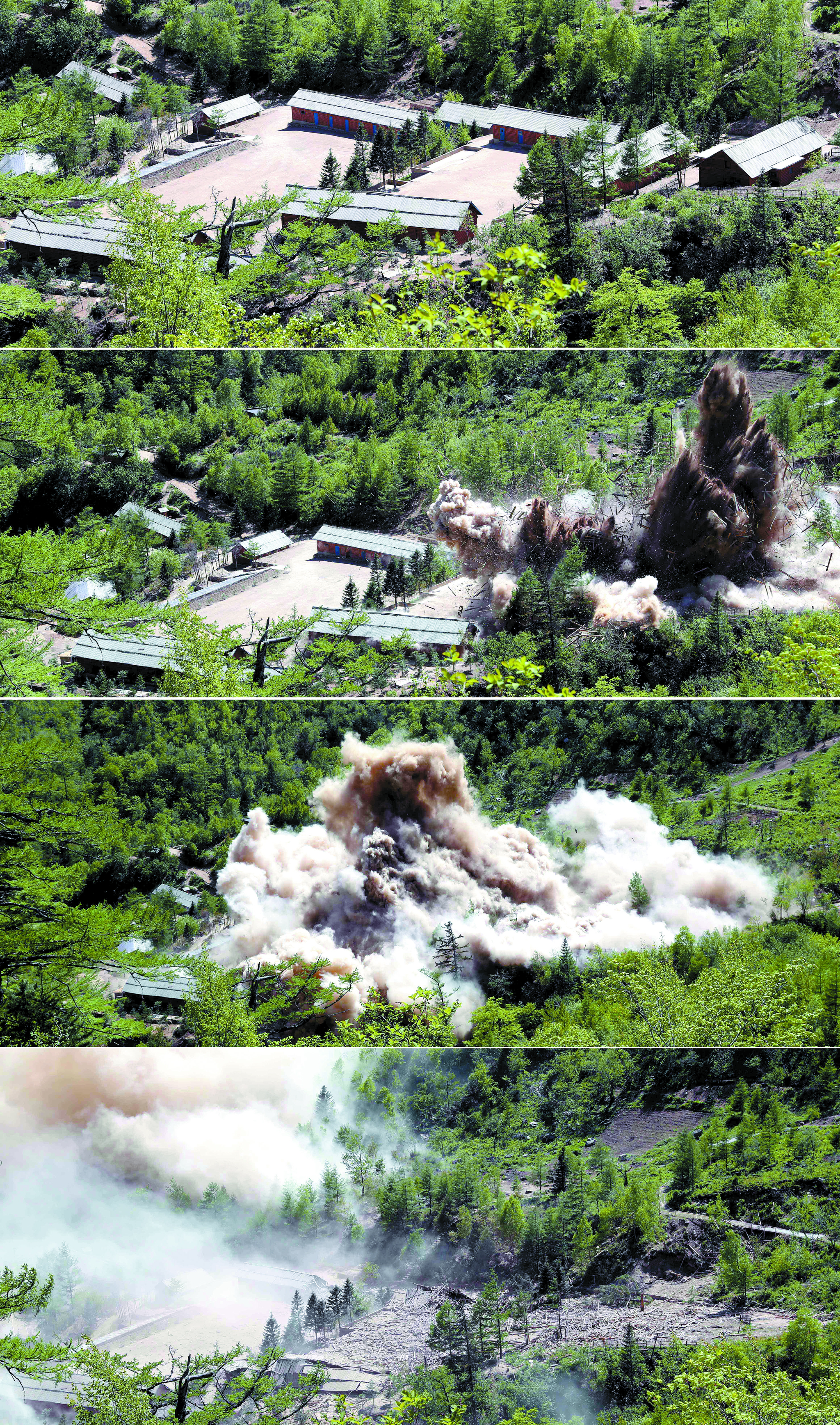 북한 핵무기연구소 관계자들이 함경북도 길주군 풍계리 핵실험장 폐쇄를 위한 폭파 작업을 했다. 사진은 지휘소와 건설노동자 막사가 폭파되는 모습. 사진공동취재단