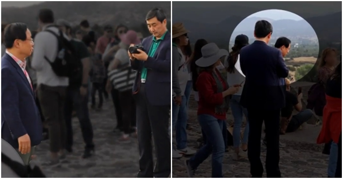 지난해 12월 28일 멕시코 테오티와칸 피라미드 유적지에서 이종걸 의원이 이주영 의원의 사진을 찍어주고 있다. 사진 오른쪽은 김정재 의원의 모습. [사진 JTBC 방송 캡처] 