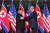 김정은 북한 국무위원장과 도널드 트럼프 대통령이 2018년 6월 12일 싱가포르에서 만나 악수하고 있다. [스트레이츠타임스=연합뉴스]