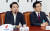 자유한국당 선관위 회의가 13일 오전 국회에서 열렸다. 김진태 후보(왼쪽)가 인사말 하고 있다. 변선구 기자 20190213