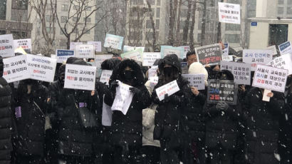 서울시교육청 재정 압박에…사립유치원 교사들 눈보라 속 항의 집회