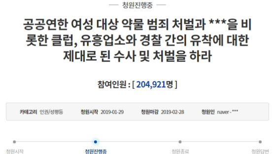 '버닝썬·유흥업소 경찰유착' 청원 20만 돌파…청와대 답변해야